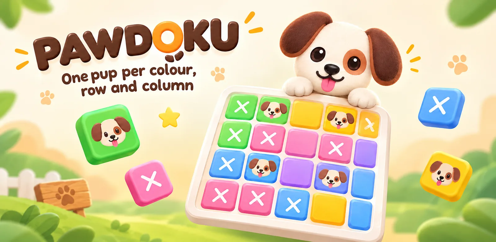 Pawdoku key art: a puppy leaning over a colourful puzzle board of tiles marked with dogs and crosses
