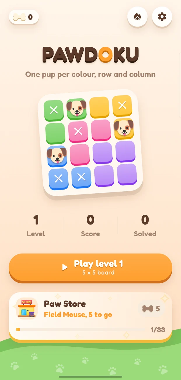 Pawdoku home screen showing the level, score and boards solved