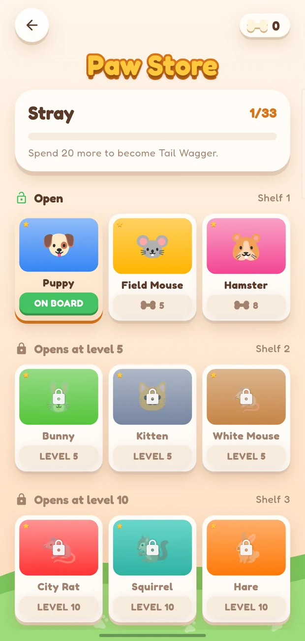 The Paw Store, where animals are unlocked with bones earned in play
