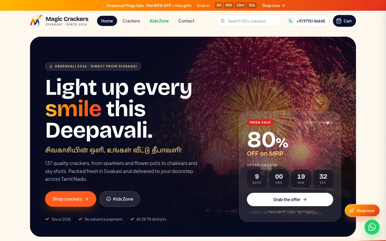Magic Crackers home page: a Deepavali sale banner over a fireworks photo